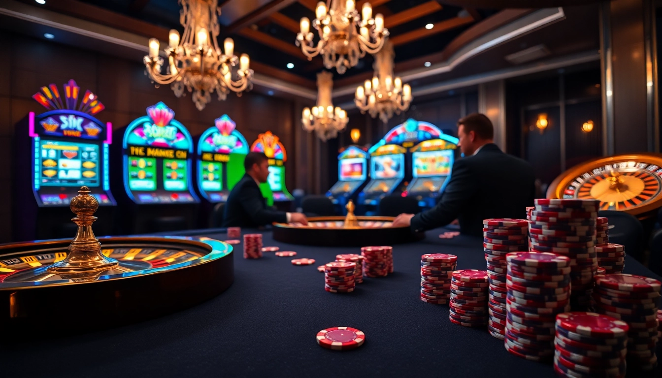 A thrilling poker game at 8 XX casino with vibrant chips, roulette, and slot machines