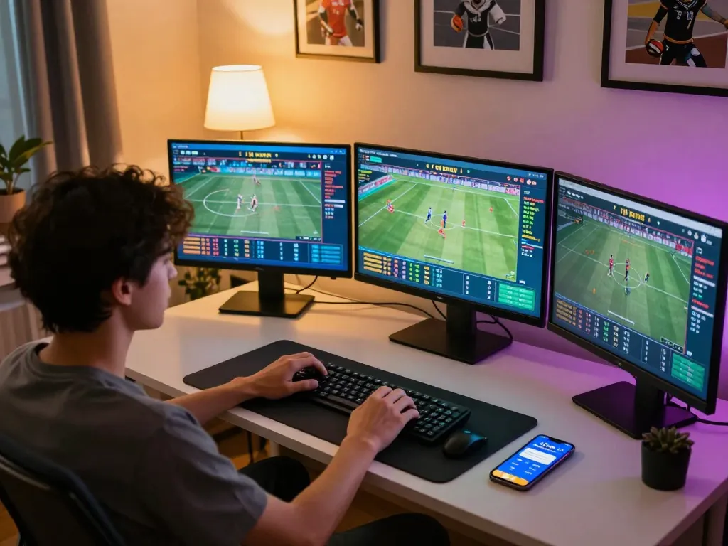 Engaging in sports betting on 11win com while analyzing live odds and events in a stylish home office.