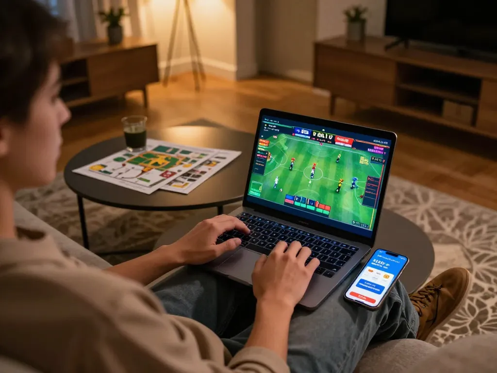 Xoilac user placing bets online with engaging interface on laptop, cozy home setting enhancing the experience.