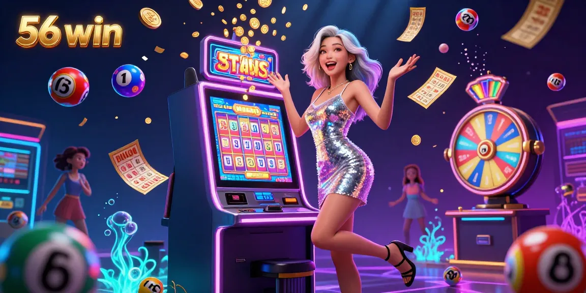 Spin the reels with excitement at 56 win, featuring a jubilant winner by a jackpot slot machine.