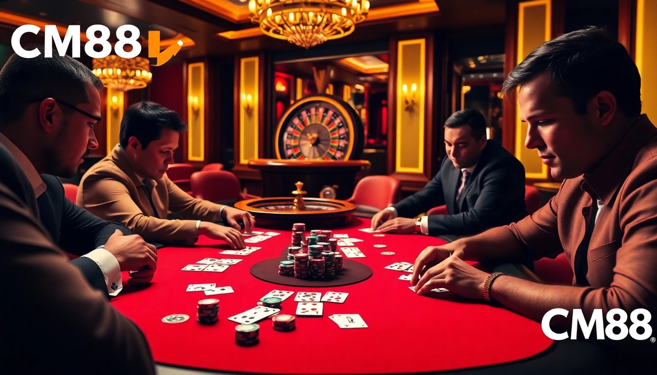 Players engage in a high-stakes poker game at CM88 Casino, surrounded by excitement and luxury.