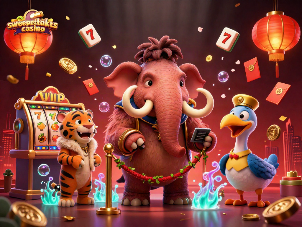 Engaging illustration of a sweepstakes casino with a woolly mammoth bouncer, saber-tooth VIP, and dodo doorman.