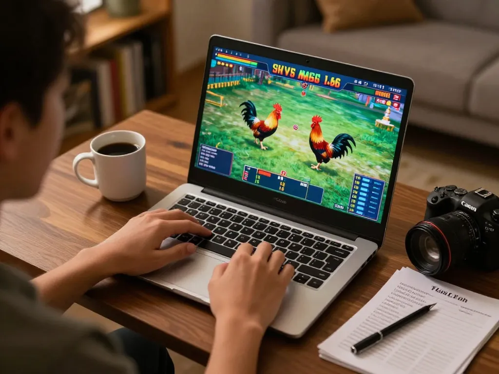Engaging player enjoying đá gà mb66 online betting experience in a cozy home setting