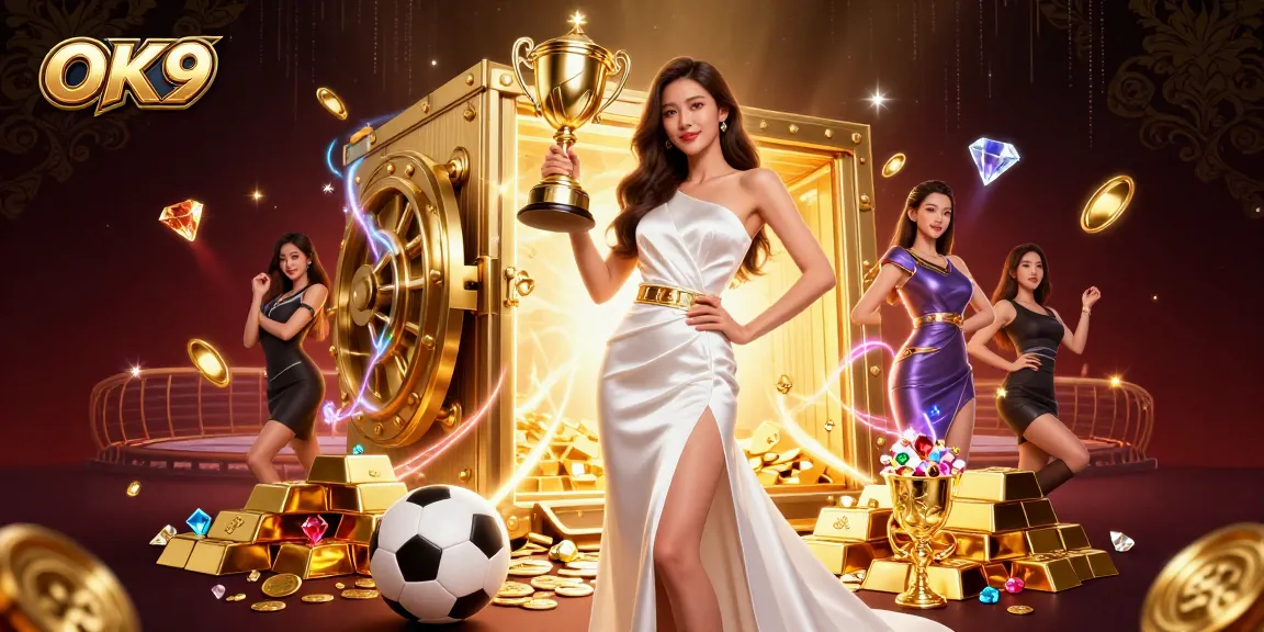 Bet on excitement with OK9 as a victorious Asian woman celebrates with a golden trophy in an electrifying casino scene.