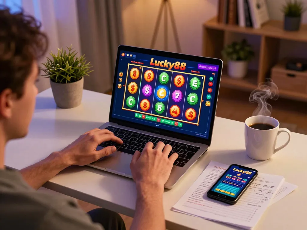 Engaged player exploring the Lucky88 slot game on a laptop in a cozy home setup