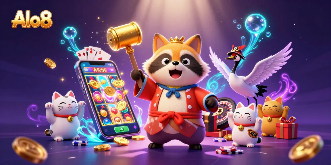 Alo8 showcases a vibrant, dynamic casino scene with cartoon characters and gaming elements.