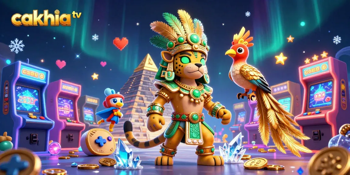 Cakhia tv showcases dynamic 3D casino illustration featuring a jaguar priest, game machines, and vibrant gold elements.