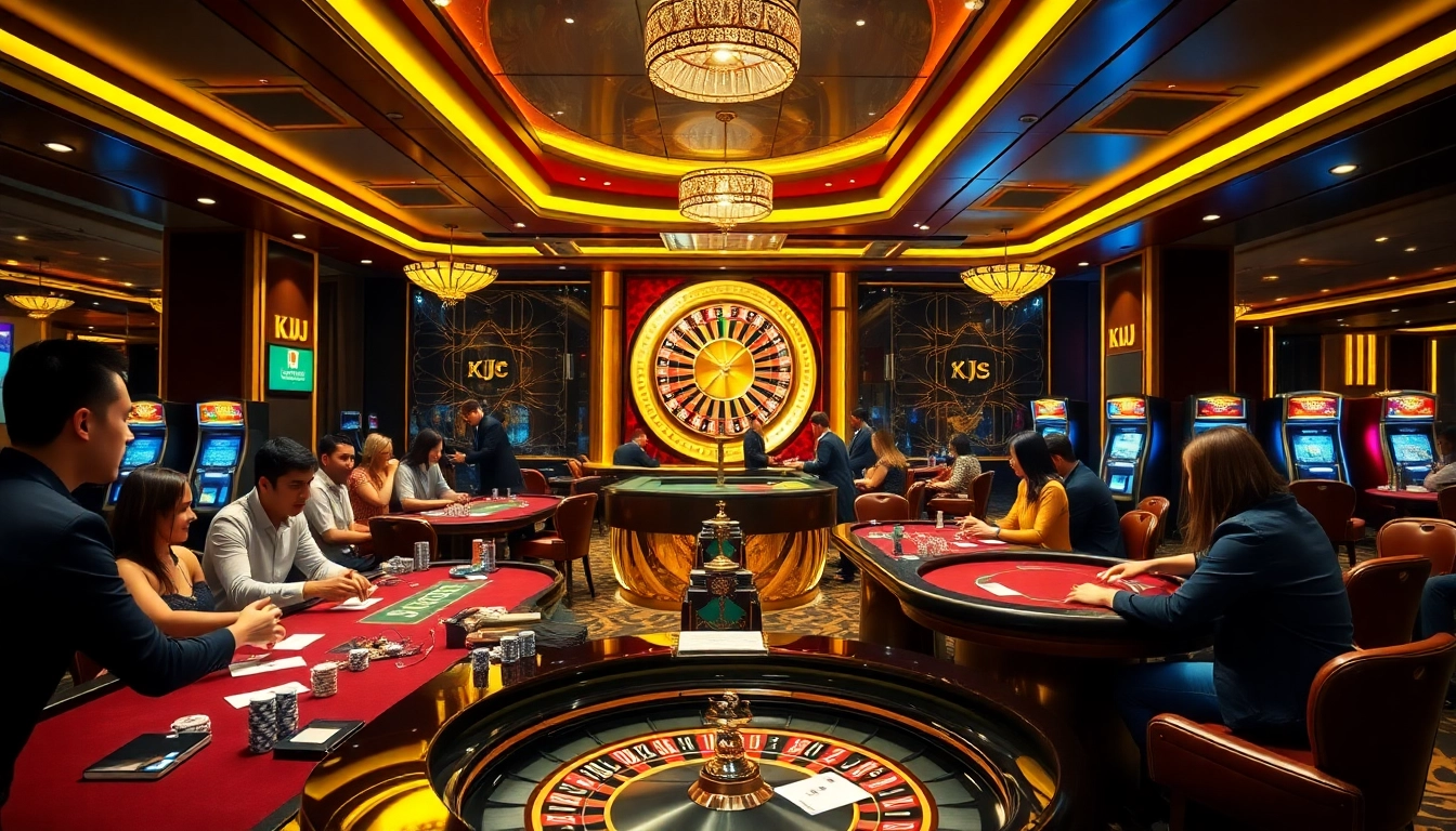 Exciting gambling scene featuring KJC branding with players engaging at casino tables.