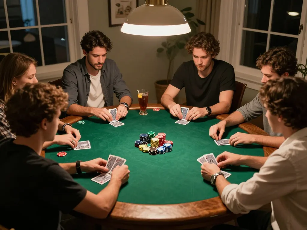 Duitgini home poker game night, players strategizing over cards and chips with warm lighting.