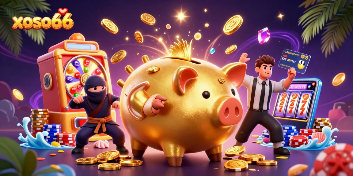 xoso66 brings exciting lottery action featuring a golden piggy bank sumo wrestler, wallet-ninja, and card samurai!