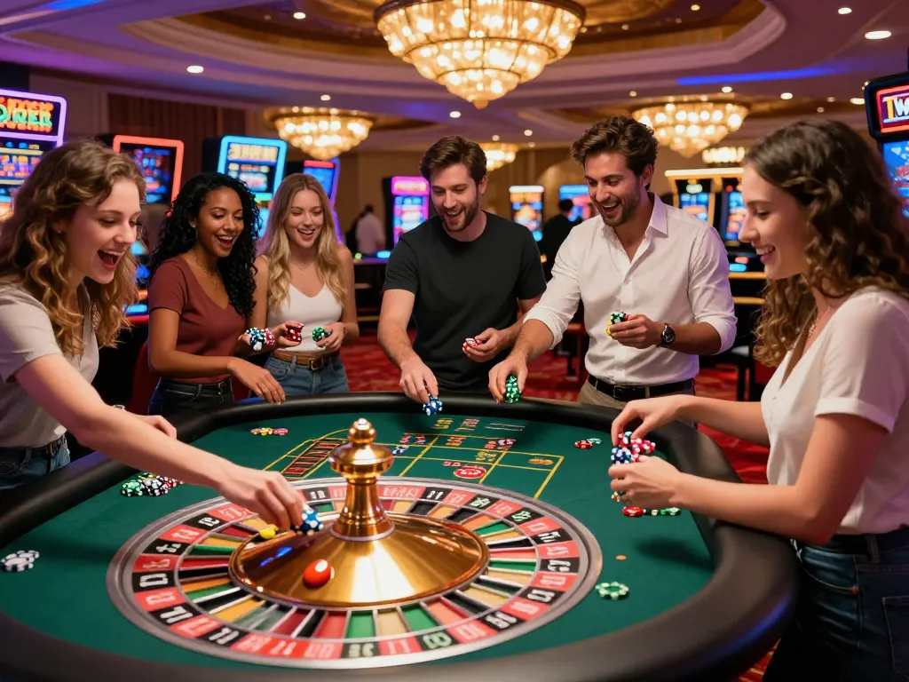 Engaging gaming atmosphere at https://lucky88.tips/, showcasing diverse players enjoying roulette in vibrant casino.