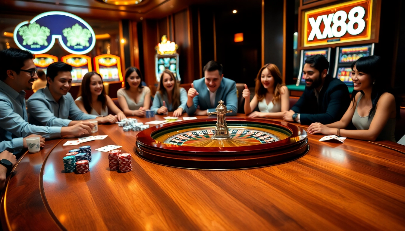 Join the thrill at XX88 casino with vibrant poker chips and a dazzling roulette wheel.