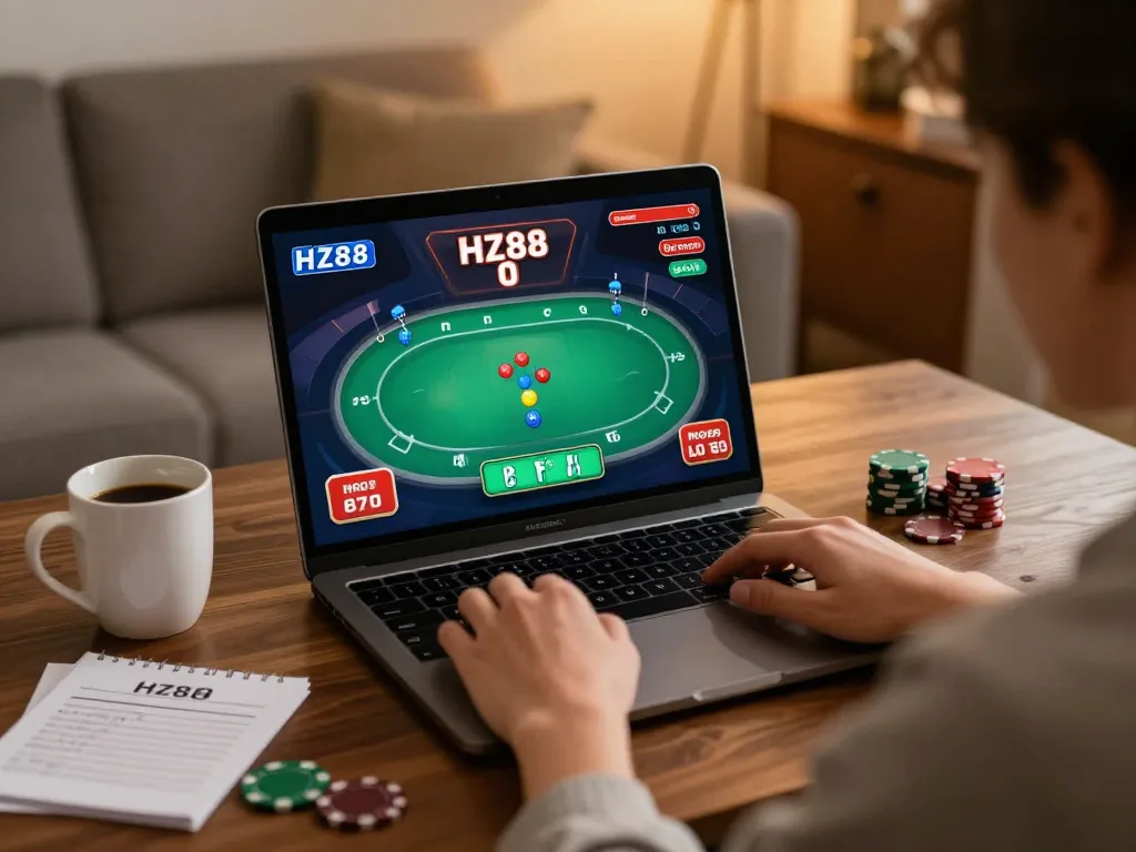 Engaging in online gaming with HZ88's poker platform at home, emphasizing responsible gambling.
