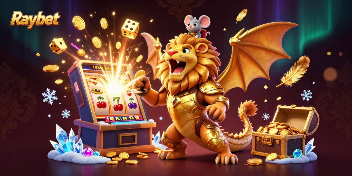 Raybet's exhilarating casino experience with a jackpot slot machine and golden chimera character in action