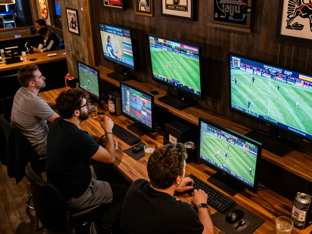 rik88 players actively engaging in sports betting at a bustling bar with screens and strategies