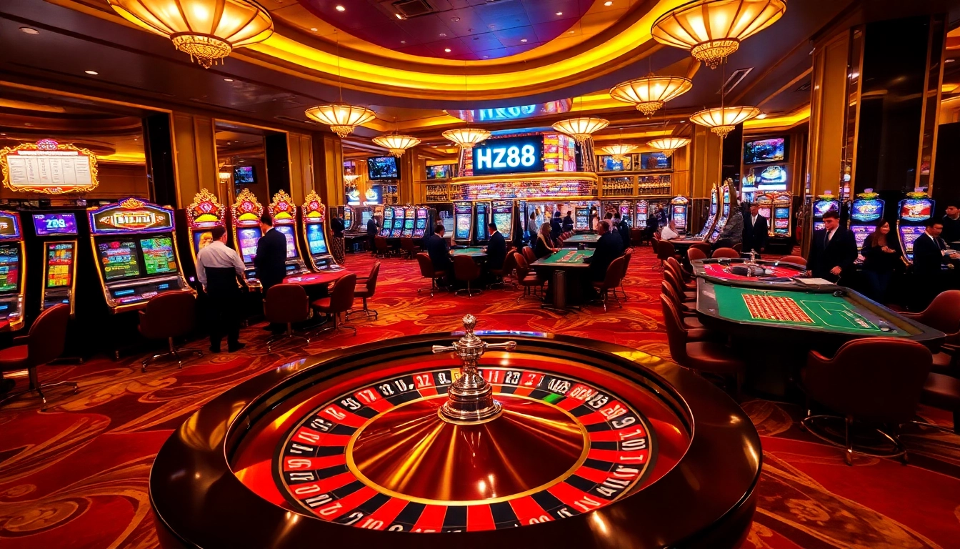 Exciting gambling action at HZ88 casino showcasing roulette wheel and vibrant slot machines.