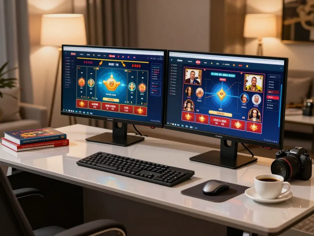 Engaging online casino gameplay at home with go8 on dual monitors showing live dealer games.
