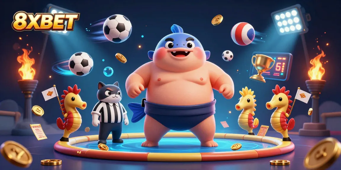 Join the excitement at 8XBET with a lively underwater casino scene featuring a blowing fugu champion.