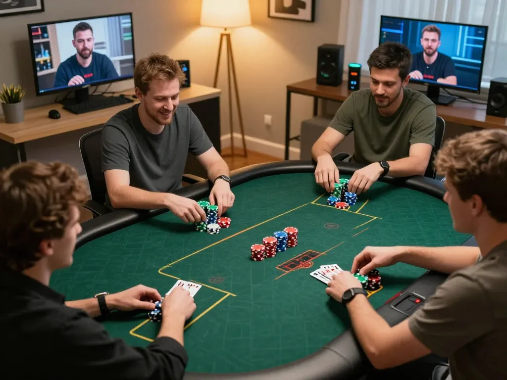Lode88 online poker session with players engaged, chips on display, in a cozy home office