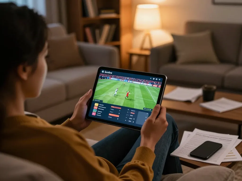 Socolive user immersed in live football matches on tablet, cozy home atmosphere enhancing sports betting experience.