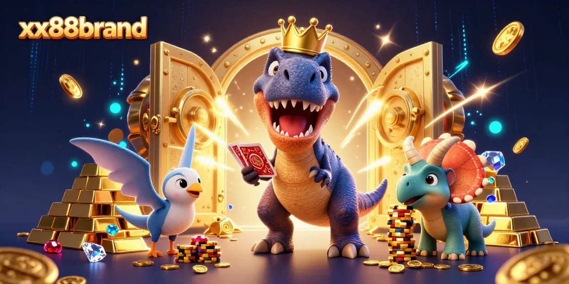 Experience thrilling gaming actions at xx88brand with friendly characters in a vibrant casino scene.