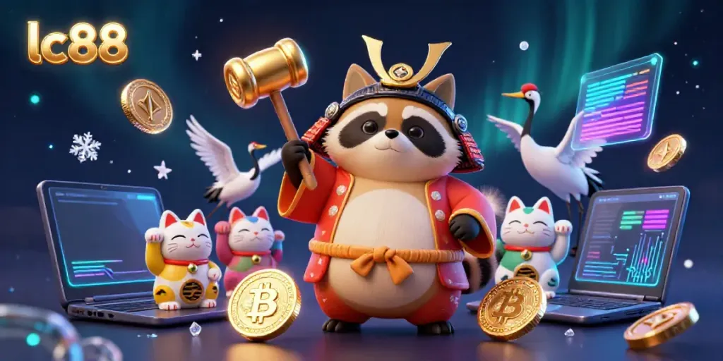 Experience winning at lc88 with a colorful 3D scene featuring tanuki, crane, and fortune cats in a vibrant casino atmosphere.