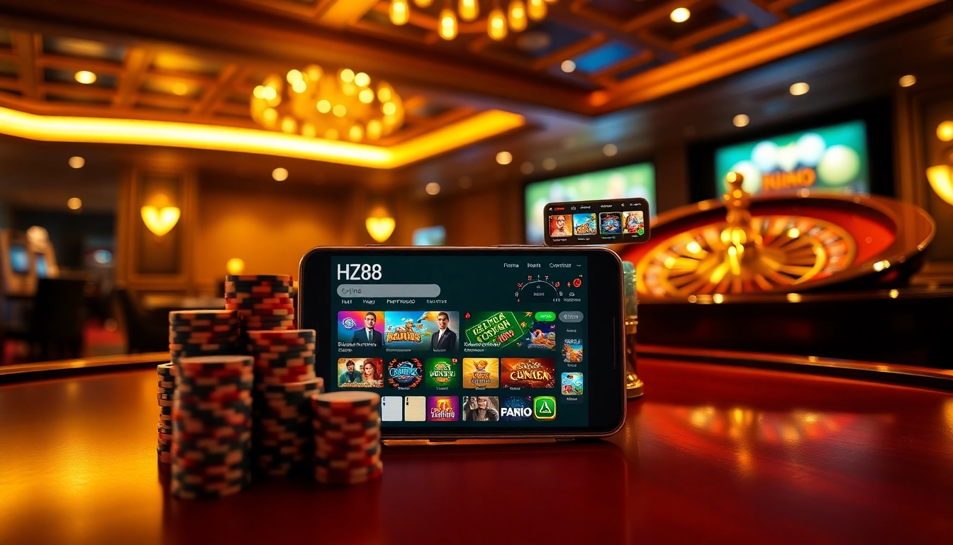 HZ88 showcases a vibrant online casino scene with poker chips and a roulette wheel.