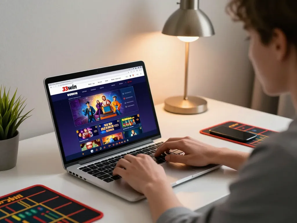 Explore the trang chủ 33win online casino games on a stylish laptop setup.