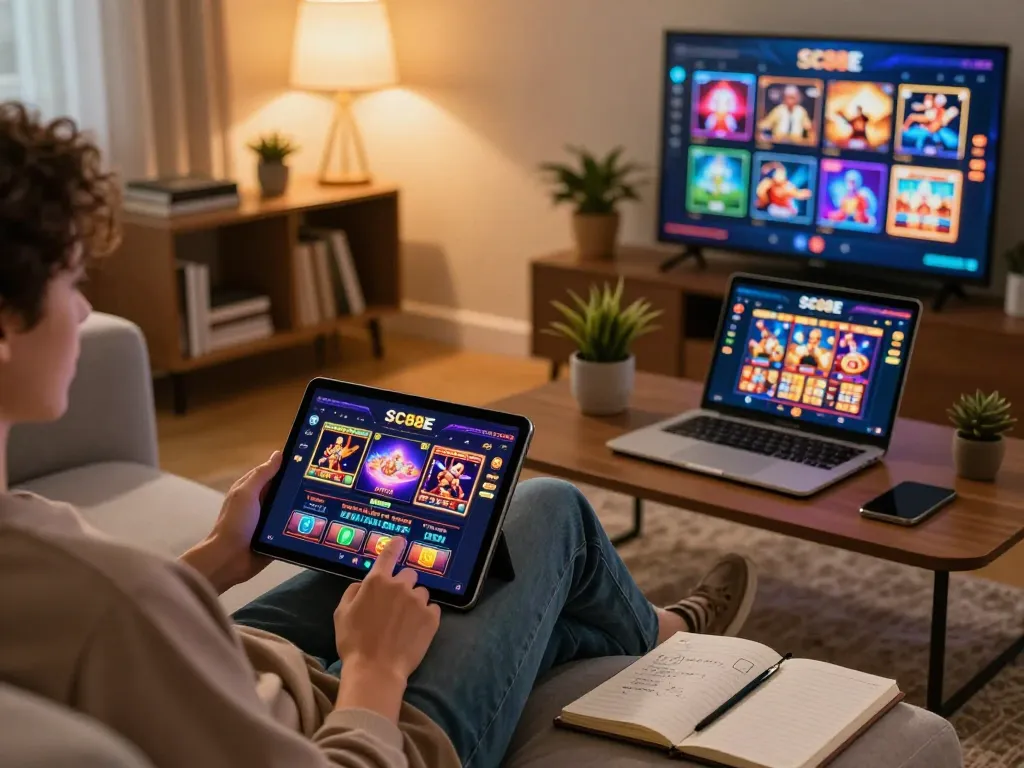 Person engaging with the SC88E casino app on tablet, highlighting modern online gaming experience.