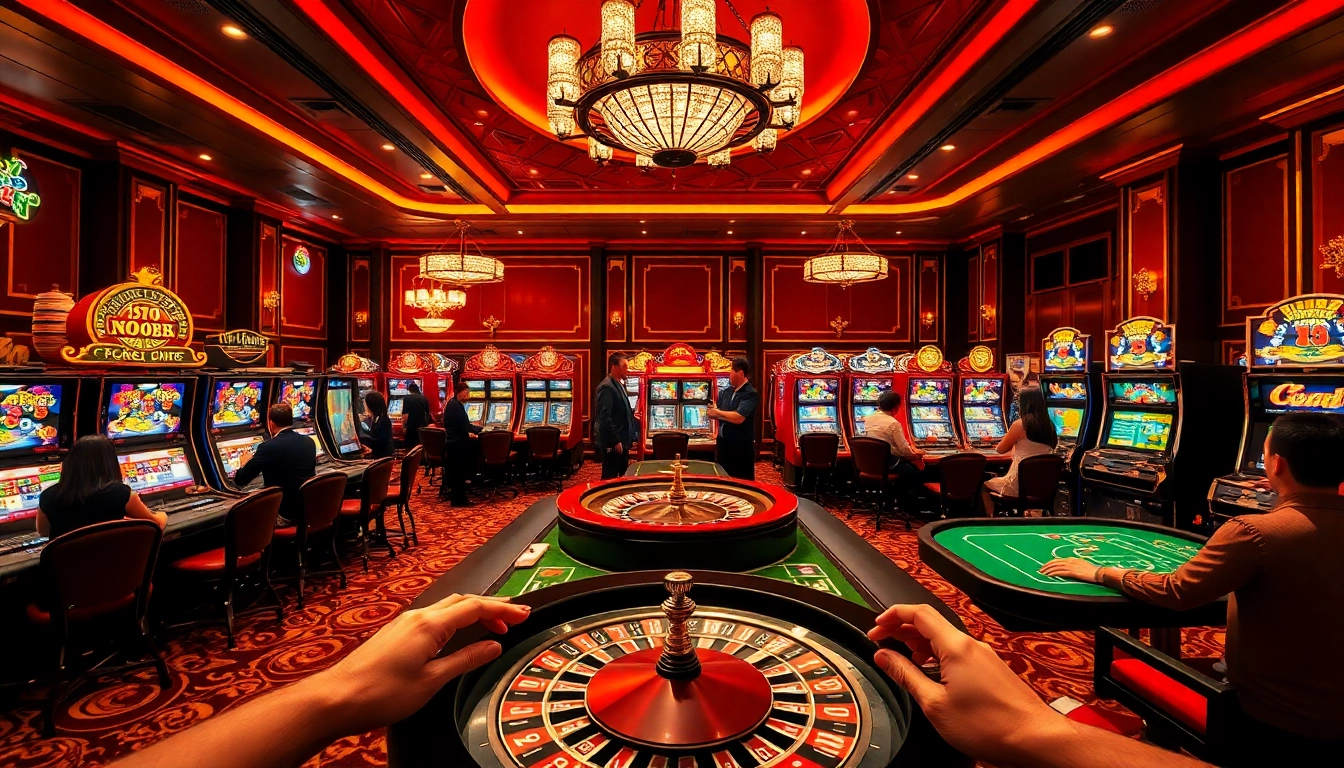 NK88 players enjoying an exciting casino experience with vibrant tables and machines.