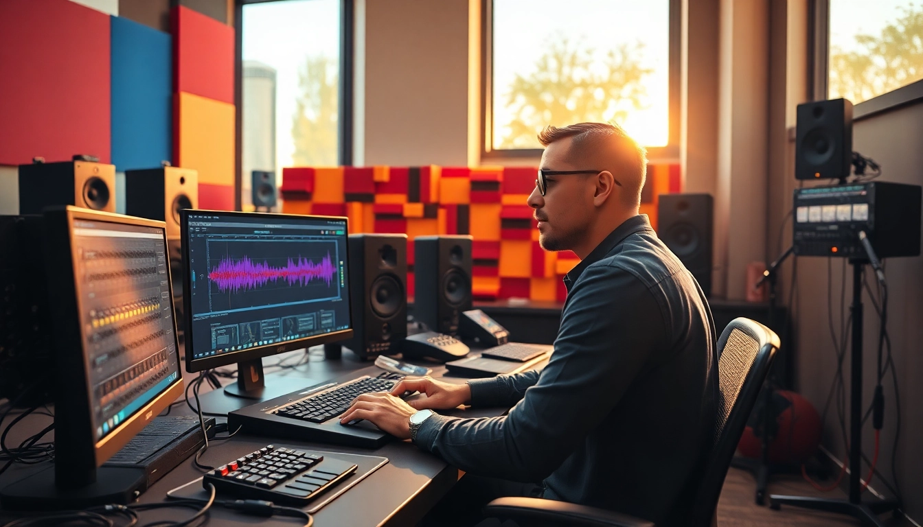 Engage in online mastering with a professional audio engineer in a vibrant studio.