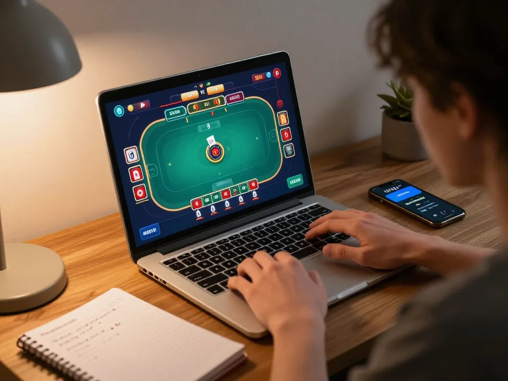 Player enjoying F168 poker game on laptop with strategic notes beside them for better odds