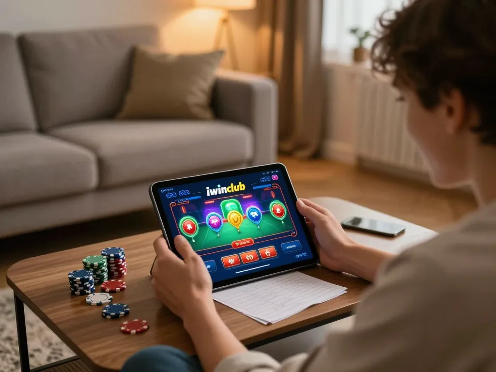 Engaged player using iwinclub app for online gaming with a tablet in a cozy living room setting.