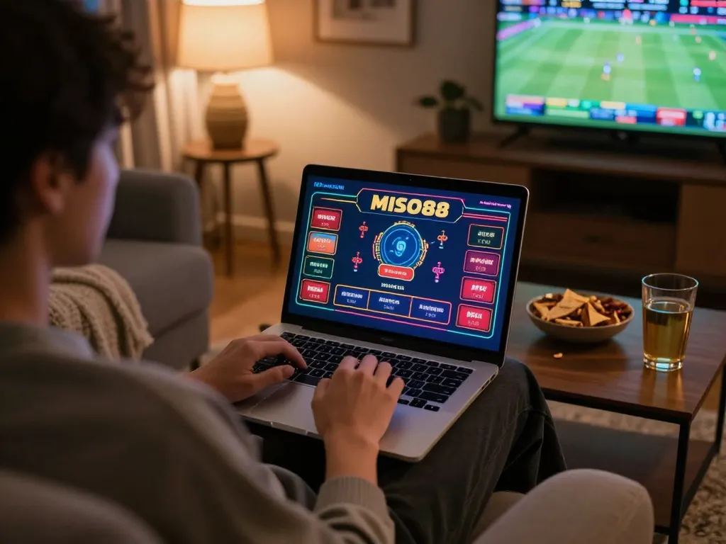 MISO88 user actively betting online, showcasing a cozy home atmosphere with a laptop and snacks.