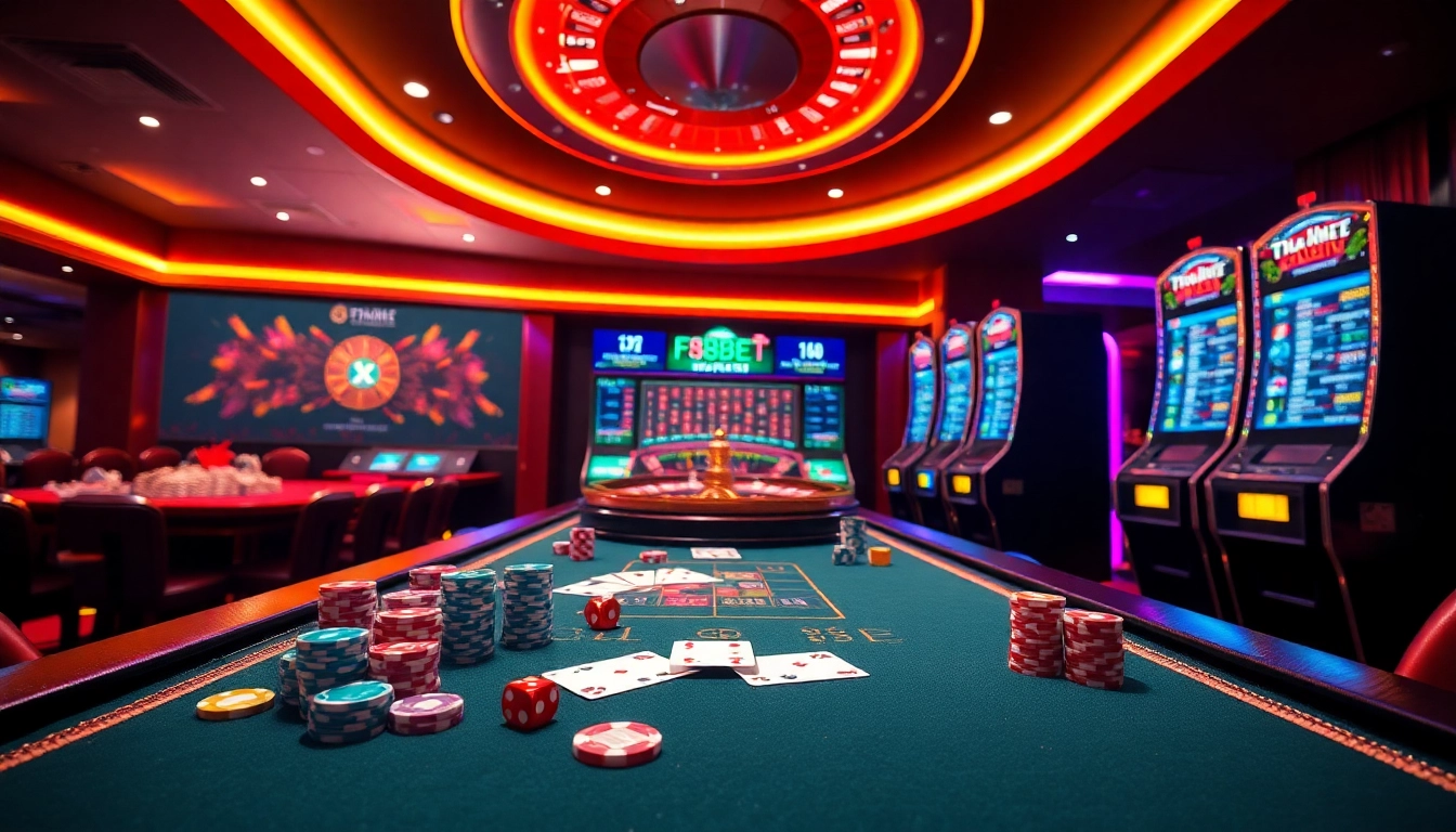 Engage in thrilling casino action at https://f8bet.io/ with vibrant poker chips and an exciting roulette wheel.