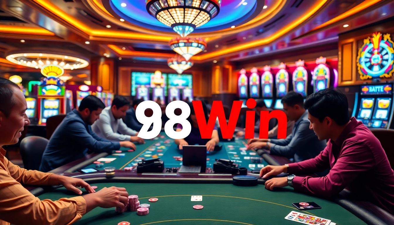 Exciting poker gameplay at 98Win casino featuring vibrant chips and cards.