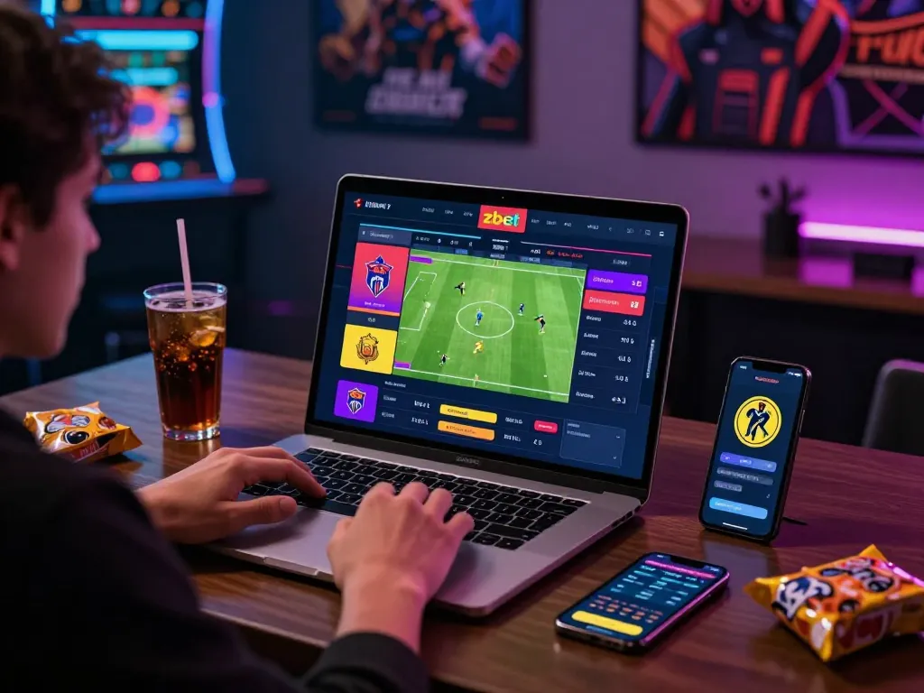 Excited user engaged in online betting on zbet with colorful odds and team graphics.