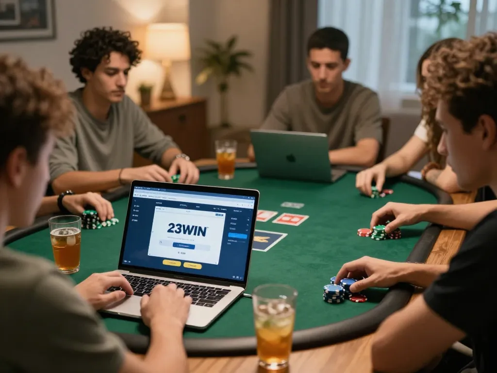 Players enjoying an engaging poker session at home with the 23win link interface open, demonstrating strategic gameplay.