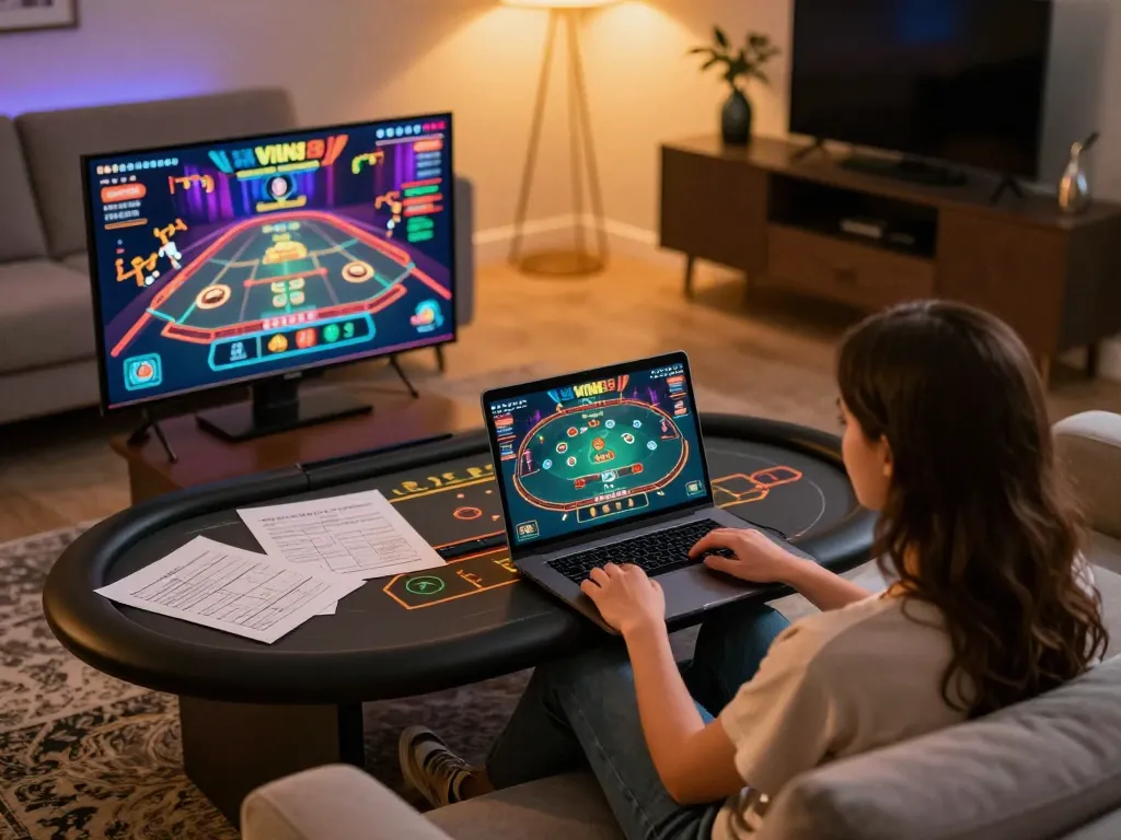 Player immersively engages in online gambling on VIN88 from the comfort of home.