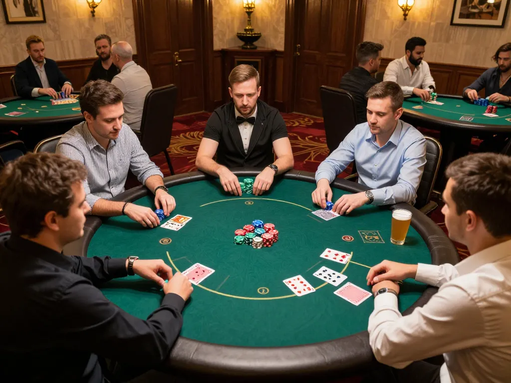 Players strategizing a high-stakes poker game at sgwin66 casino with ambient lighting and colorful chips.