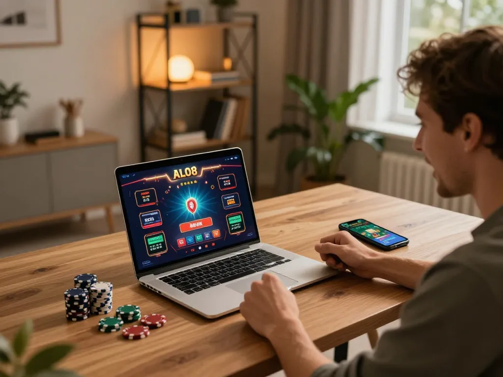 Engaging online game interface featuring ALO8 on a cozy home office setup