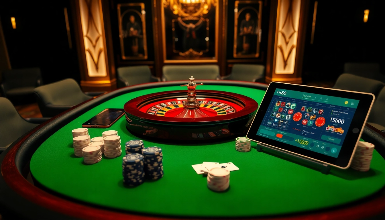 Experience exciting gameplay at Hi88 casino with poker chips and a roulette wheel.