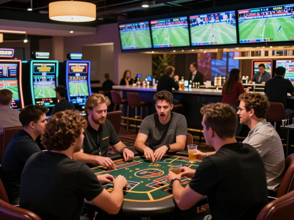 Engaged fans placing bets at the lively sports lounge of bong888 casino, surrounded by vibrant screens showing live events