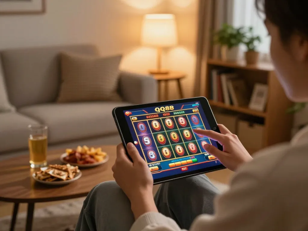 Engaging gameplay experience on QQ88 with a vibrant online casino interface and cozy home atmosphere