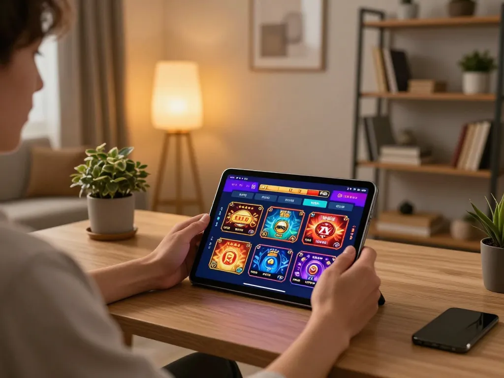 Engaging with the 8XX APP on a tablet in a stylish home office environment, highlighting modern online gaming.