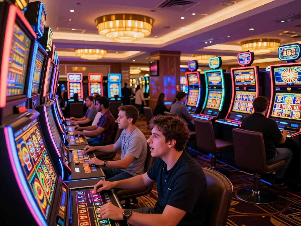 Players enjoying thrilling slots at Red88 casino, with vibrant lights and intense excitement.