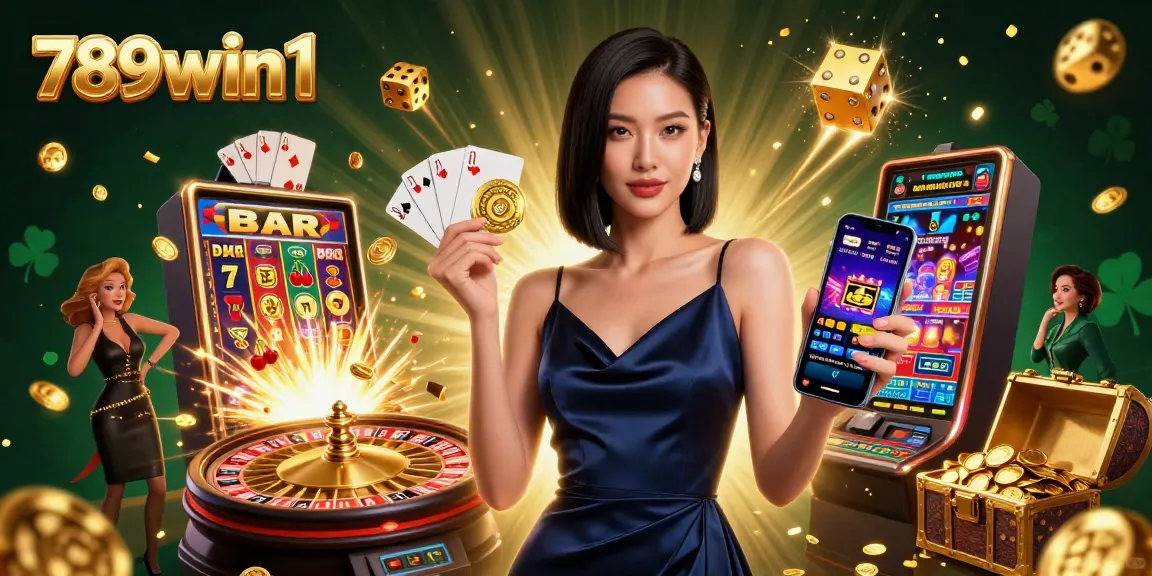 Experience thrilling wins with 789win1, featuring a stunning Asian woman holding a casino app and golden chip.