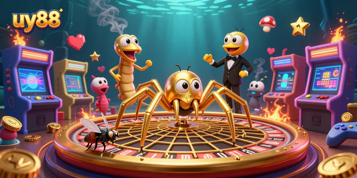 uy88 showcasing a golden spider spinning a roulette wheel web as players engage in bets, reflecting dynamic gambling culture
