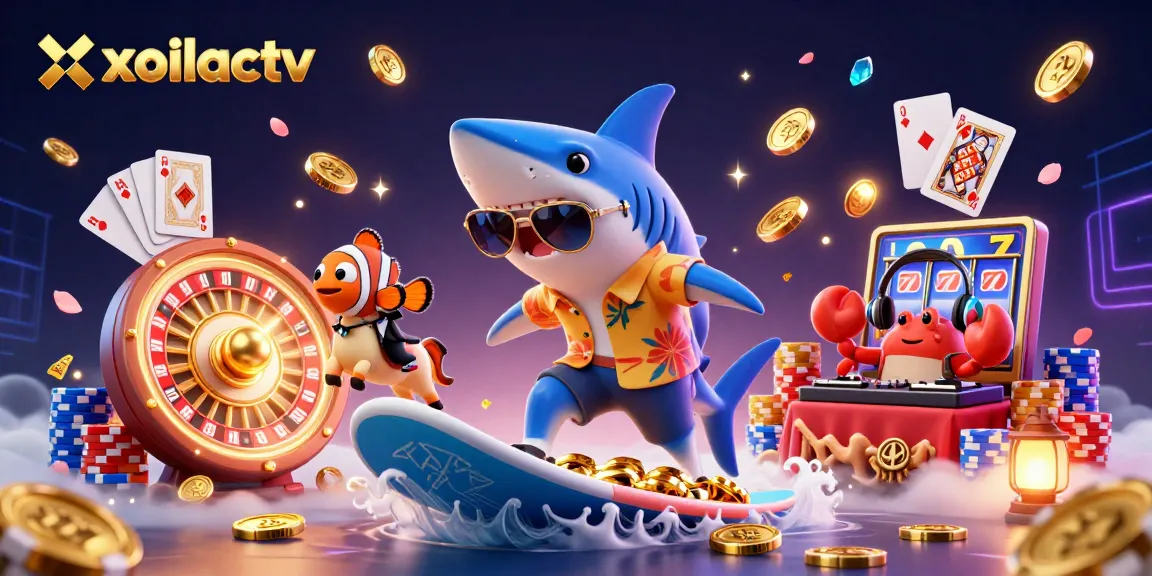 Engage with xoilactv's thrilling 3D casino scene featuring vibrant characters and dynamic elements.