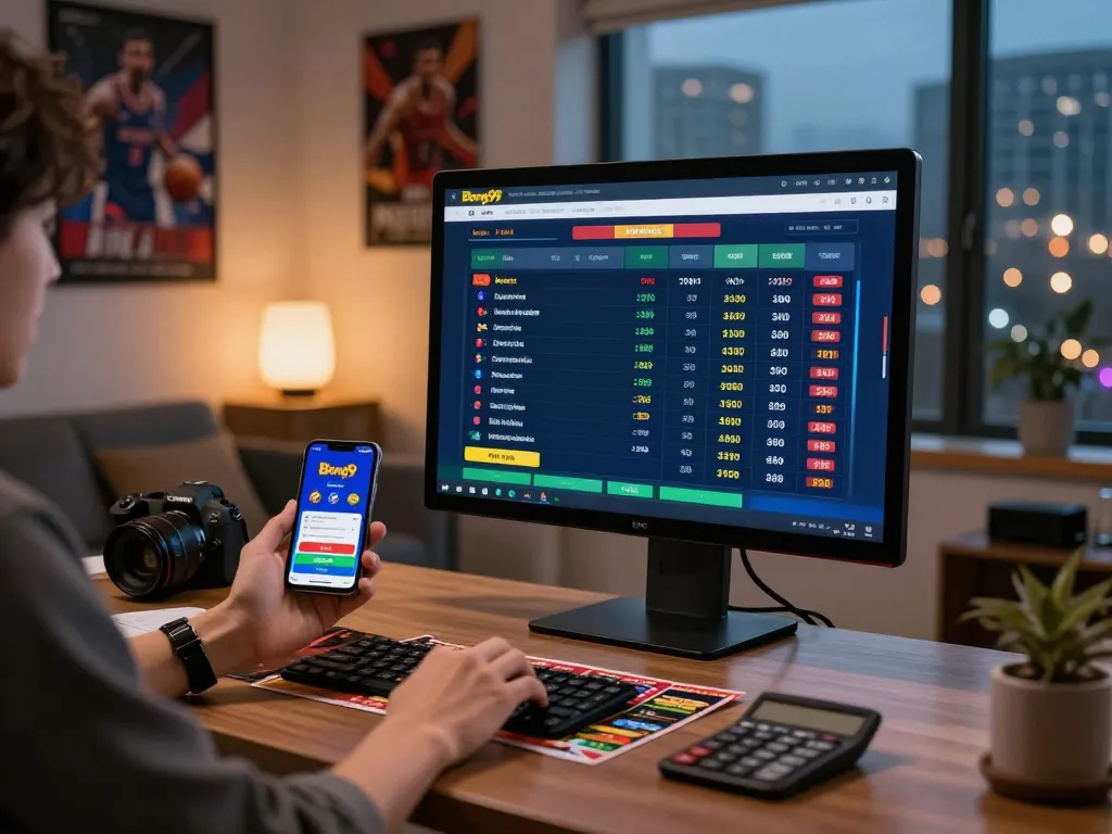Engaging user on the Bong99 platform exploring live sports betting options in a stylish home office setting.